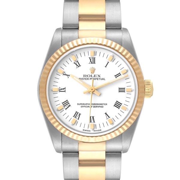 Rolex Midsize Yellow Gold Steel White Roman Dial Ladies Watch 77513 Papers