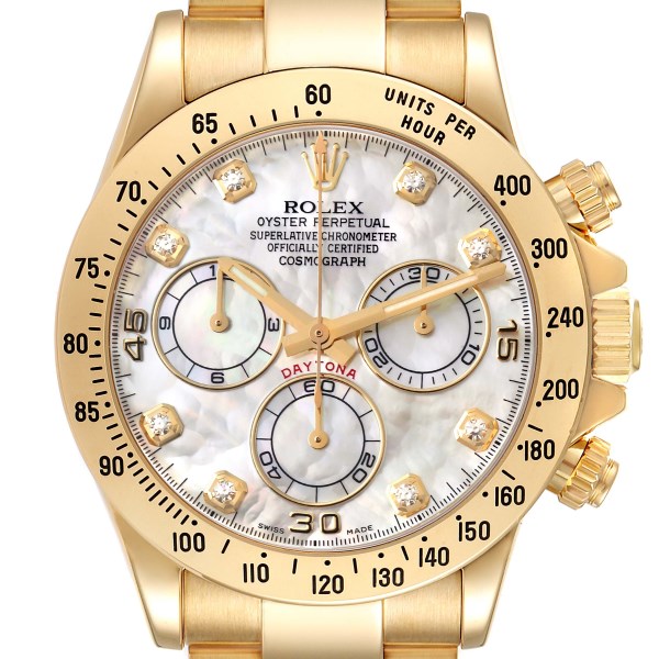 Rolex Daytona Yellow Gold Mother of Pearl Diamond Dial Mens Watch 116528