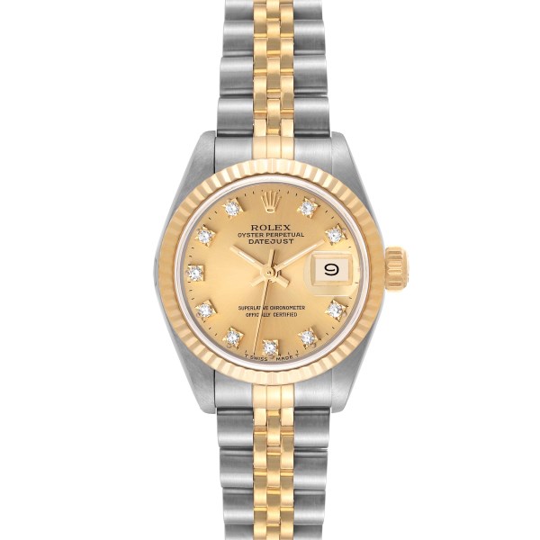 Rolex Datejust Steel Yellow Gold Champagne Diamond Dial Ladies Watch 69173