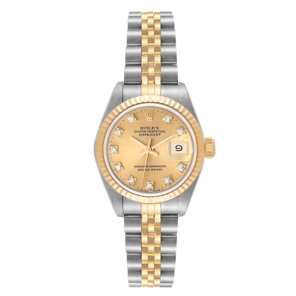 Rolex Datejust Steel Yellow Gold Champagne Diamond Dial Ladies Watch 69173