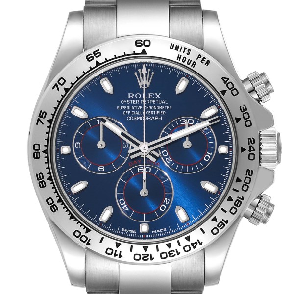 Rolex Daytona Blue Dial White Gold Chronograph Mens Watch 116509 Box Card