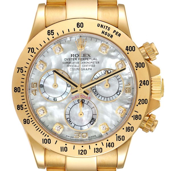 Rolex Daytona Yellow Gold Mother of Pearl Diamond Dial Mens Watch 116528 Box Card