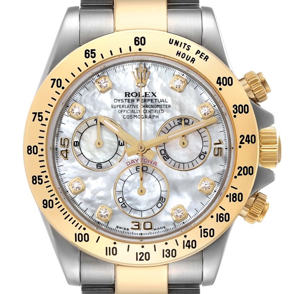 Rolex Daytona Yellow Gold Steel Mother of Pearl Diamond Mens Watch 116523 Box Card
