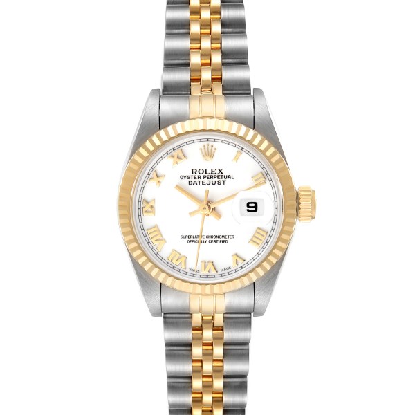 Rolex Datejust Steel Yellow Gold White Roman Dial Ladies Watch 69173 Box Papers