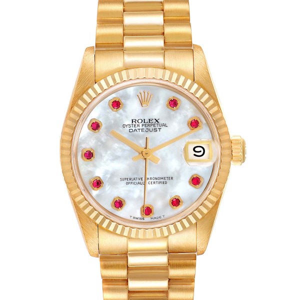 Rolex President Datejust 31 Midsize Yellow Gold Mother of Pearl Ruby Ladies Watch 68278