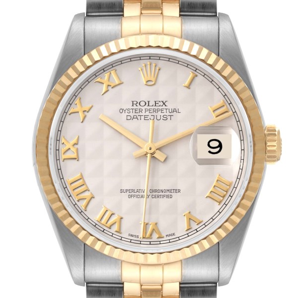 Rolex Datejust Steel Yellow Gold Ivory Pyramid Dial Mens Watch 16233