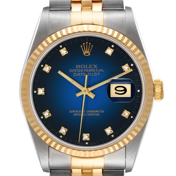 Rolex Datejust Steel Yellow Gold Blue Vignette Diamond Dial Mens Watch 16233