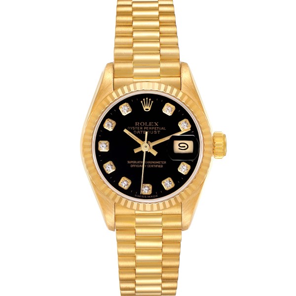 Rolex Datejust President Yellow Gold Black Diamond Dial Ladies Watch 69178