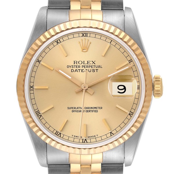 Rolex Datejust Steel Yellow Gold Champagne Dial Mens Watch 16233 Box Papers