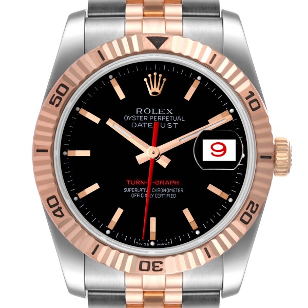 Rolex Turnograph Datejust Steel Rose Gold Black Dial Mens Watch 116261