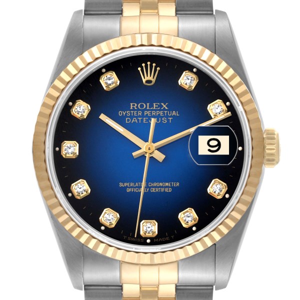 Rolex Datejust Steel Yellow Gold Blue Vignette Diamond Dial Mens Watch 16233