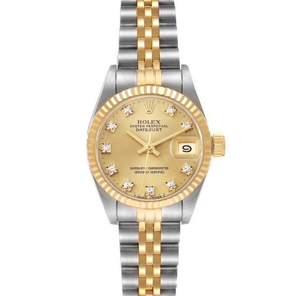 Rolex Datejust Steel Yellow Gold Champagne Diamond Dial Ladies Watch 69173