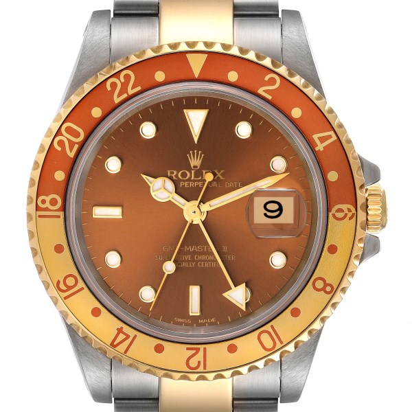 Rolex GMT Master II Root Beer Steel Yellow Gold Mens Watch 16713