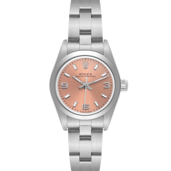 Rolex Oyster Perpetual Salmon Dial Smooth Bezel Steel Ladies Watch 76080