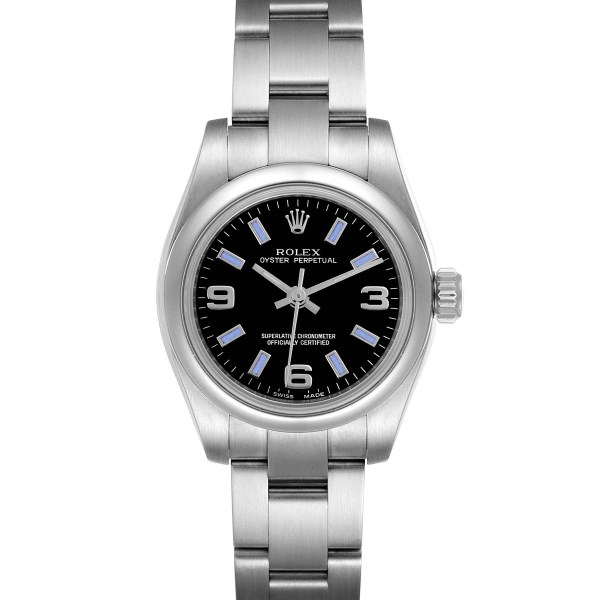 Rolex Nondate Black Dial Blue Hour Markers Ladies Watch 176200 Box Card