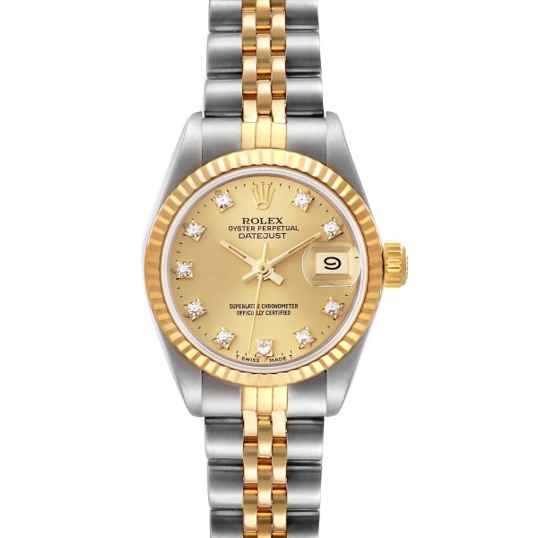 Rolex Datejust Steel Yellow Gold Champagne Diamond Dial Ladies Watch 69173