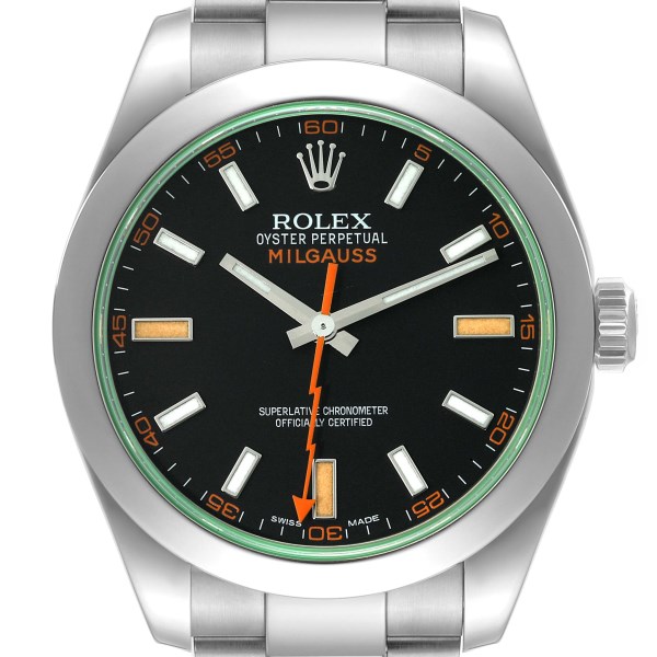 Rolex Milgauss Black Dial Green Crystal Steel Mens Watch 116400