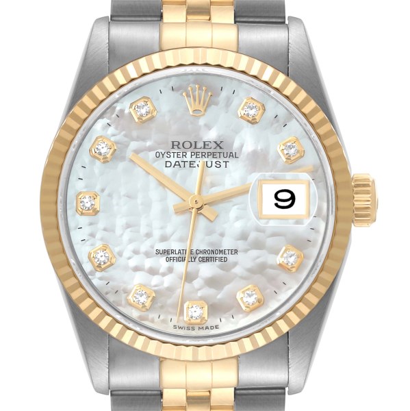 Rolex Datejust Steel Yellow Gold Mother of Pearl Diamond Dial Mens Watch 16233