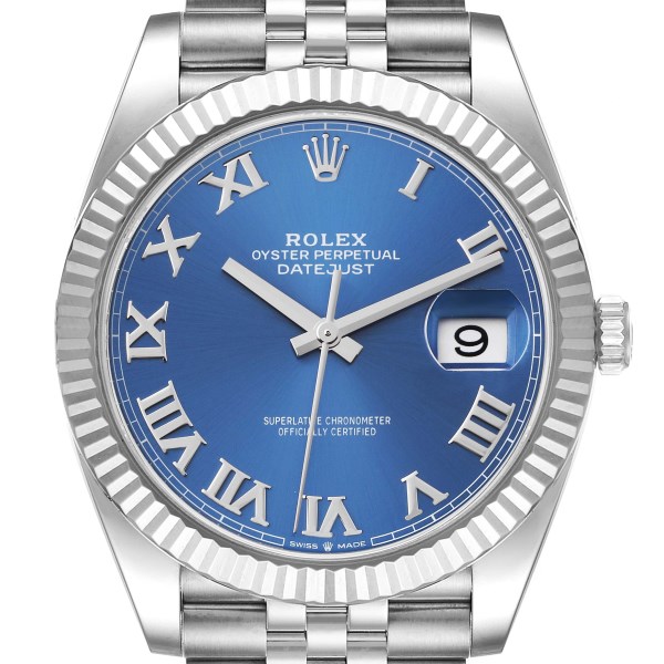 Rolex Datejust 41 Steel White Gold Blue Roman Dial Mens Watch 126334 Box Card