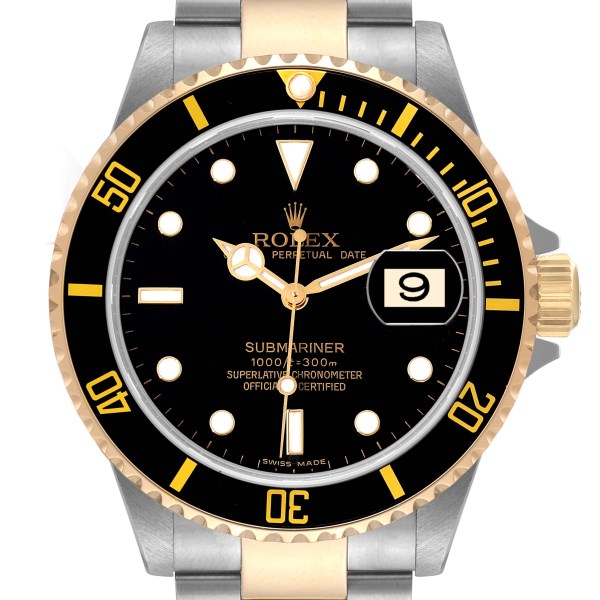 Rolex Submariner Steel Yellow Gold Black Dial Mens Watch 16613 Box Service Card