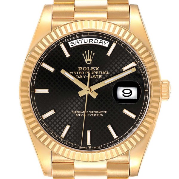Rolex President Day-Date 40 Black Diagonal Dial Yellow Gold Mens Watch 228238 Box Card