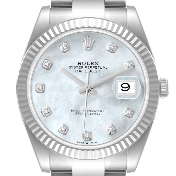 Rolex Datejust 41 Steel White Gold Mother of Pearl Diamond Mens Watch 126334 Box Card