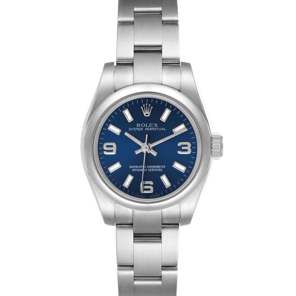 Rolex Oyster Perpetual Nondate Blue Dial Domed Bezel Watch 176200 Box Card