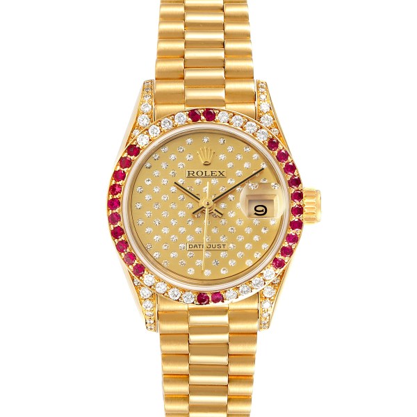 Rolex President 26 Yellow Gold Pave Diamond Ruby Ladies Watch 69038