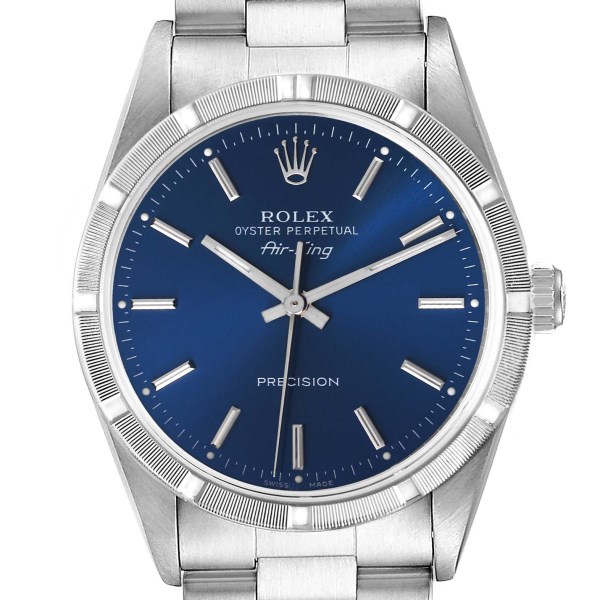 Rolex Air King Blue Dial Engine Turned Bezel Steel Mens Watch 14010