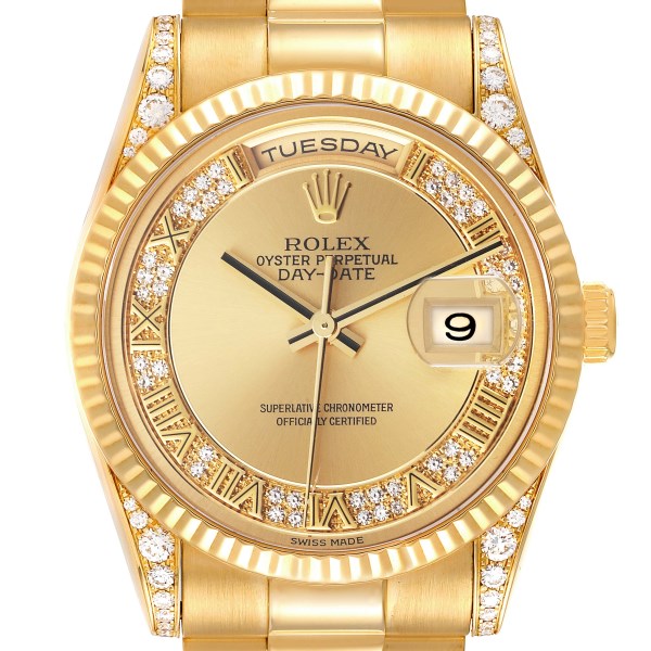 Rolex President Day Date Yellow Gold Myriad Dial Diamond Lugs Mens Watch 118338