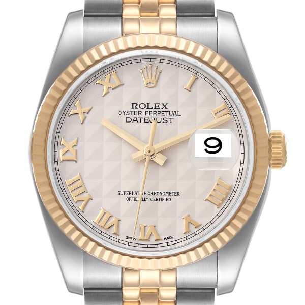 Rolex Datejust Steel Yellow Gold Pyramid Roman Dial Mens Watch 116233