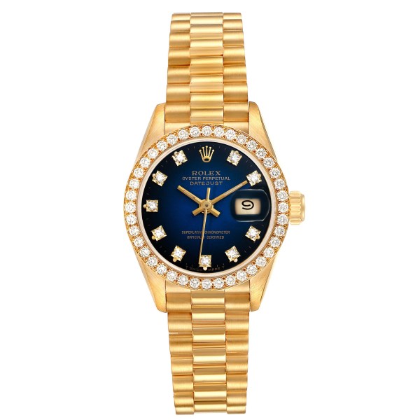 Rolex President Yellow Gold Blue Vignette Diamond Ladies Watch 69138