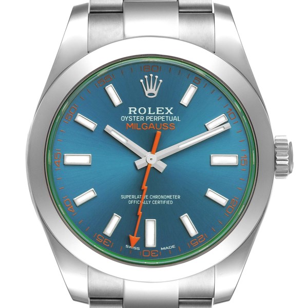 Rolex Milgauss Blue Dial Green Crystal Steel Mens Watch 116400GV Unworn