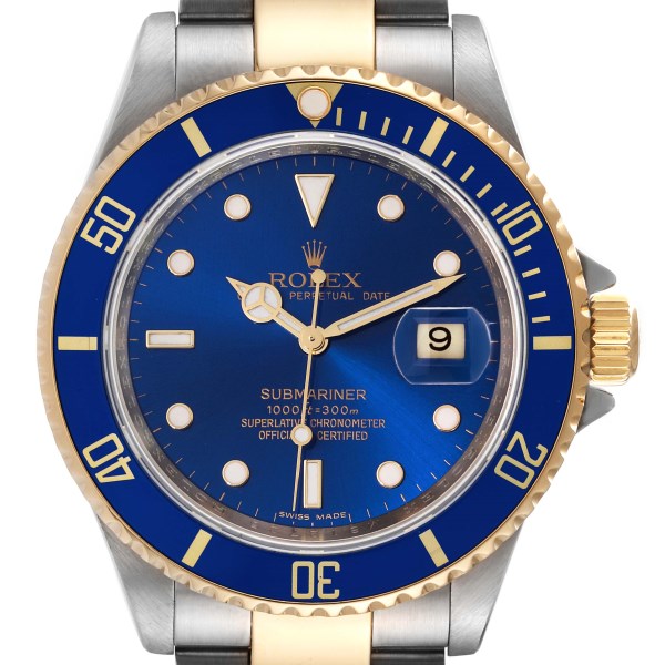 Rolex Submariner Blue Dial Steel Yellow Gold Mens Watch 16613 Box Card