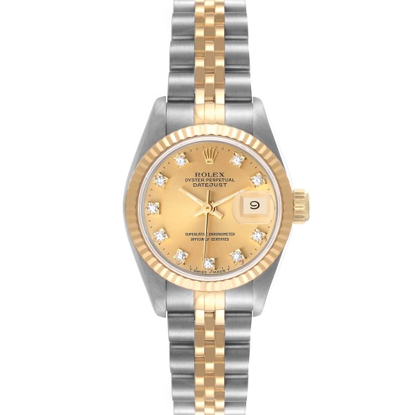 Rolex Datejust Steel Yellow Gold Champagne Diamond Dial Ladies Watch 69173