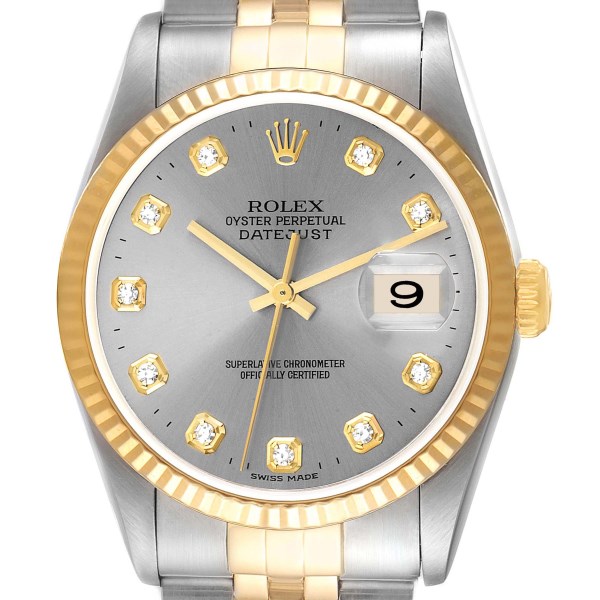 Rolex Datejust Steel Yellow Gold Slate Diamond Dial Mens Watch 16233