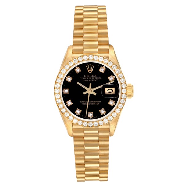 Rolex Datejust President Yellow Gold Black Diamond Dial Ladies Watch 69138