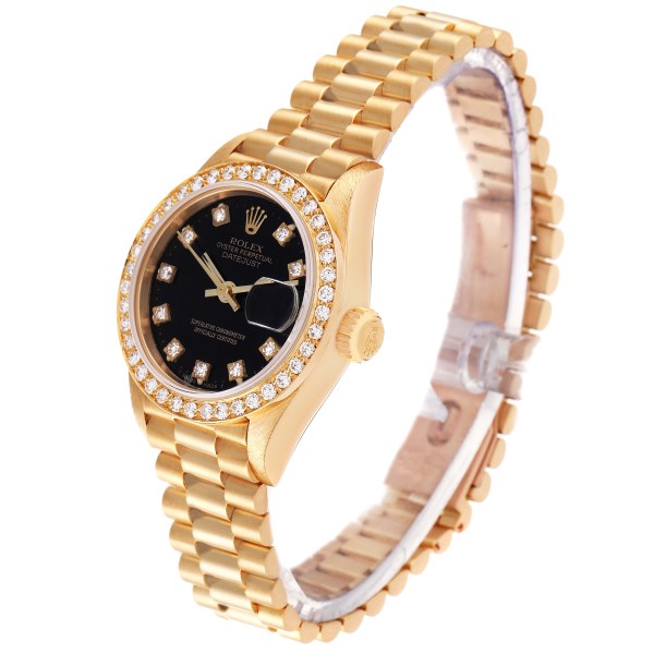 Rolex Datejust President Yellow Gold Black Diamond Dial Ladies Watch 69138