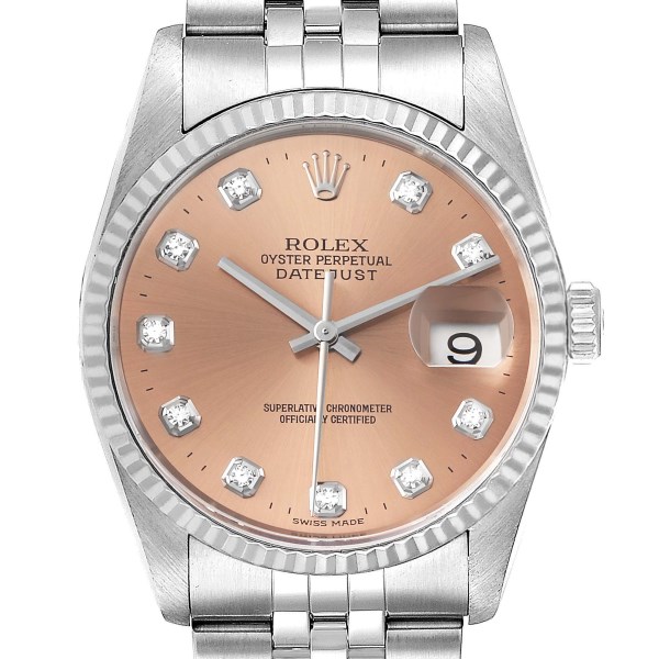 Rolex Datejust Steel White Gold Salmon Diamond Dial Mens Watch 16234