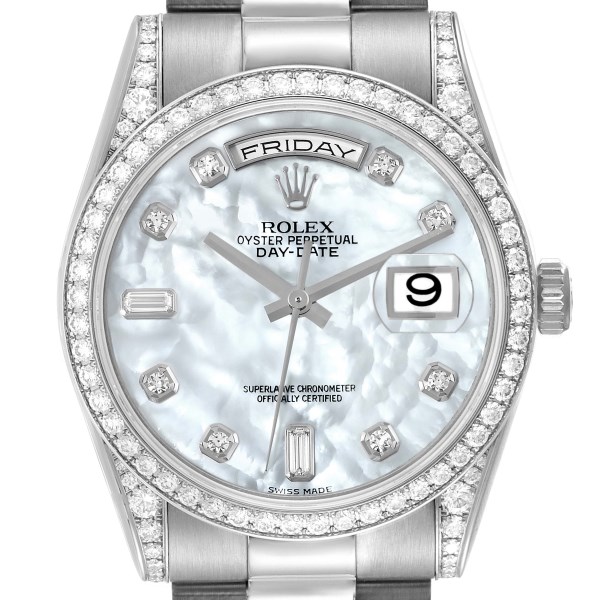 Rolex President Day-Date White Gold Mother of Pearl Diamond Mens Watch 118389 Box Card