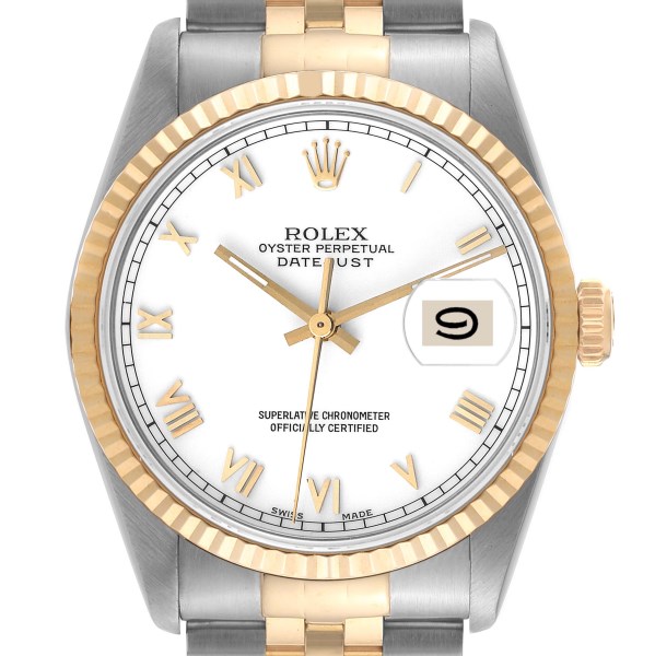 Rolex Datejust Steel Yellow Gold White Roman Dial Mens Watch 16233