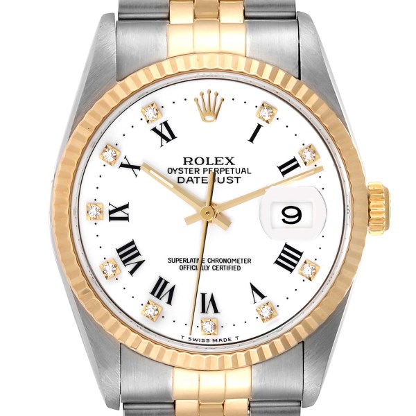 Rolex Datejust Steel Yellow Gold White Diamond Dial Mens Watch 16233 Box Papers
