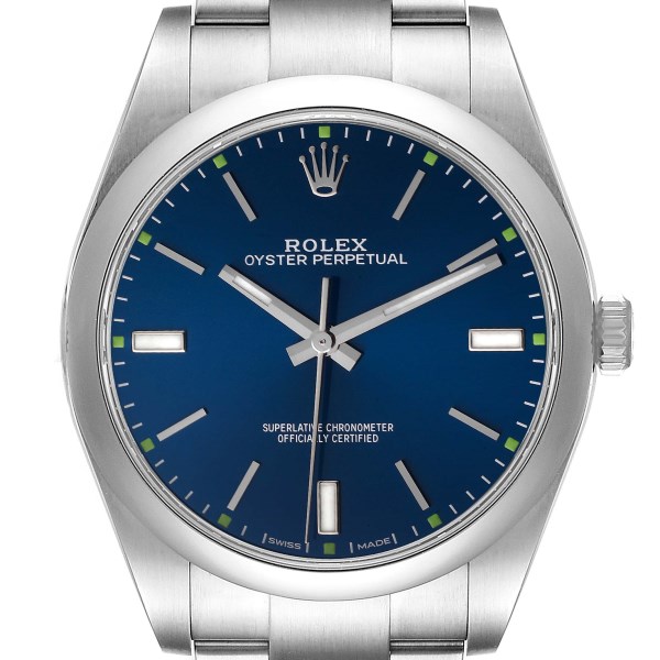 Rolex Oyster Perpetual 39mm Blue Dial Steel Mens Watch 114300 Box Card