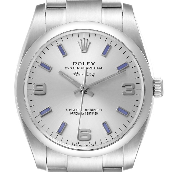 Rolex Air King Silver Dial Blue Hour Markers Steel Mens Watch 114200