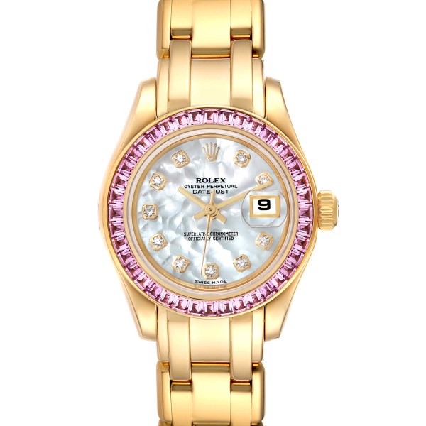 Rolex Pearlmaster Yellow Gold Mother of Pearl Diamond Pink Sapphire Ladies Watch 80308