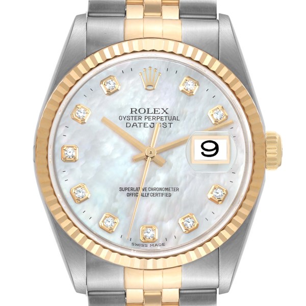 Rolex Datejust Steel Yellow Gold Mother of Pearl Diamond Mens Watch 16233 Box Papers