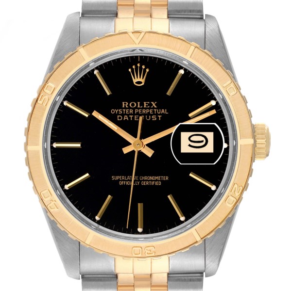 Rolex Datejust Turnograph Steel Yellow Gold Black Dial Vintage Mens Watch 16253