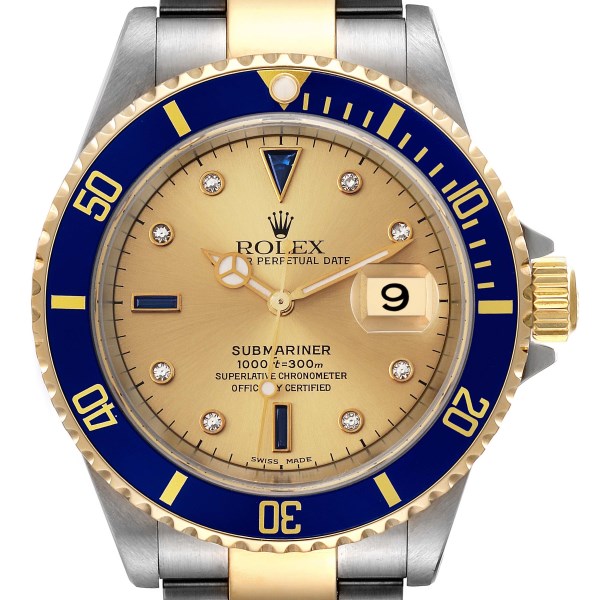 Rolex Submariner Steel Yellow Gold Diamond Sapphire Serti Dial Mens Watch 16613