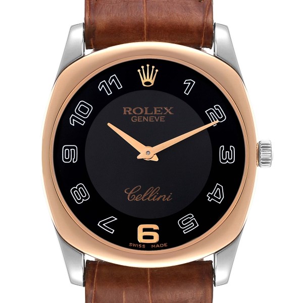 Rolex Cellini Danaos Black Dial White Gold Rose Gold Brown Strap Mens Watch 4233