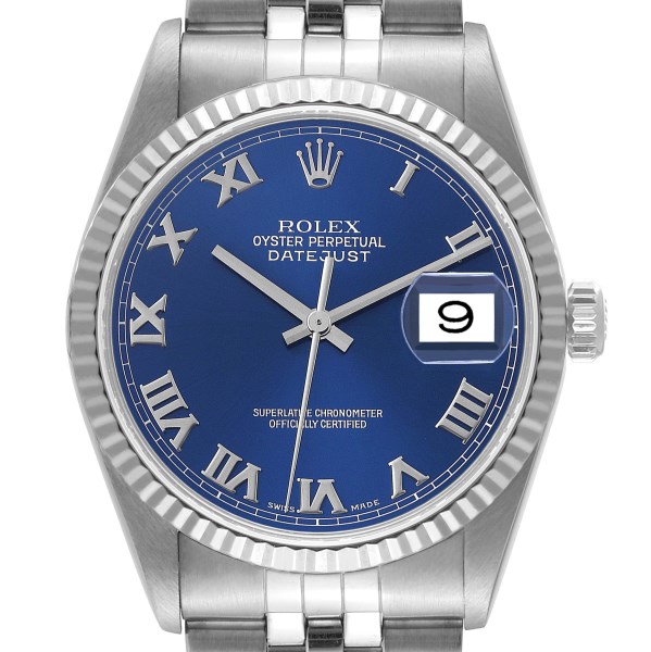 Rolex Datejust 36 Steel White Gold Fluted Bezel Blue Roman Dial Mens Watch 16234